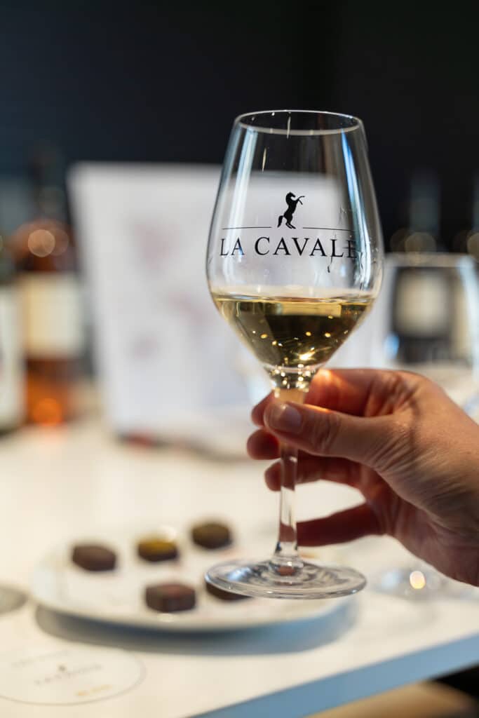 Dégustation d'un verre de vin blanv